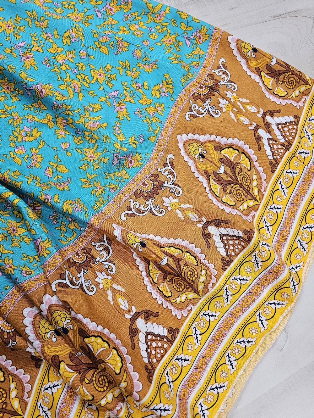 NEW Boho Floral Print Smocked Tube Top Dress Teal Blue Green Yellow Tan - Picture 8 of 11